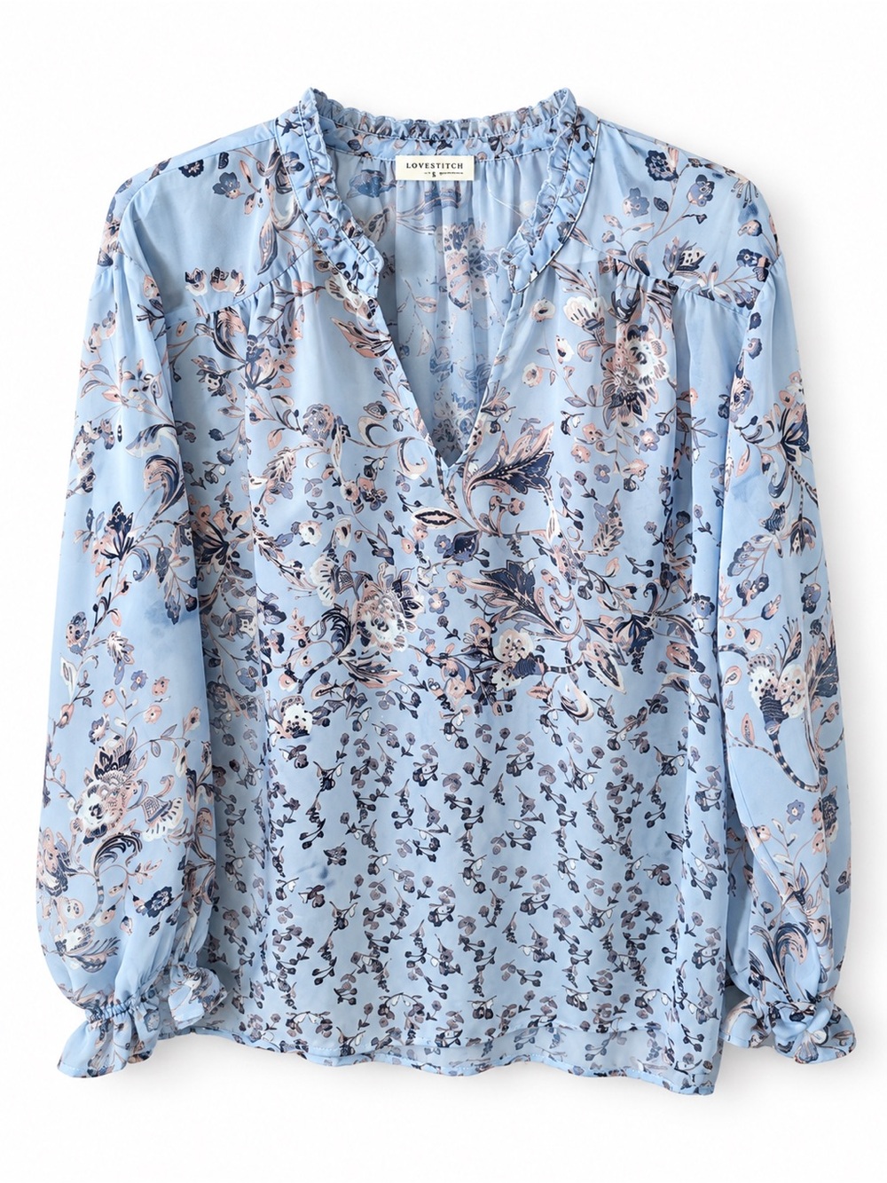 lovestitch Light Blue Floral V-Neck Ruffle Trim Blouse
